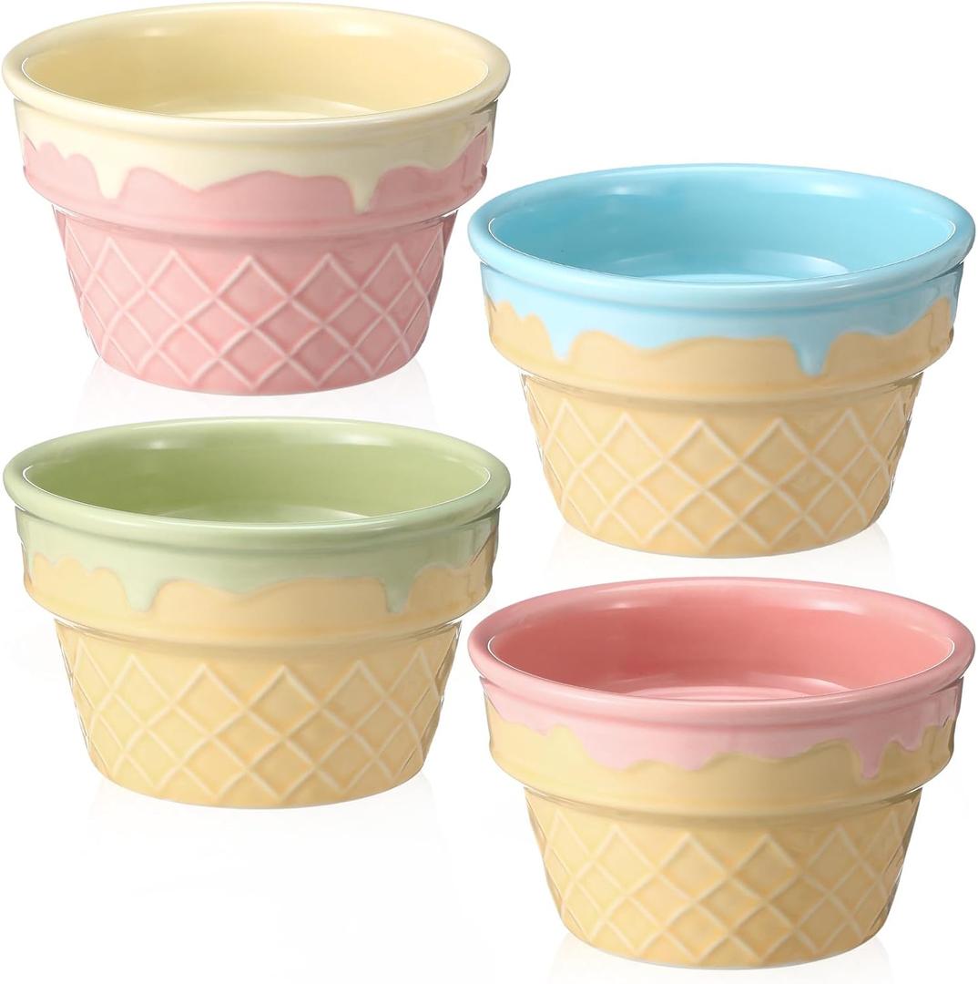 Honeydak 4 Pcs Ice Cream Ceramic Bowls 9 oz Waffle Ice Cream Cups Reusable Sundae Dessert Snack Containers for Summer Kid Adult Birthday Home Yogurt Soup Bar Christmas Party Supplies 