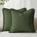 AVOIN colorlife Decorative Linen Fringe Throw Pillow Covers Set of 2, 18 x 18 Inch Olive Green Cozy Boho Farmhouse Cushion Case with Tassels Soft Accent Decoration for Bedroom Home Sofa Couch