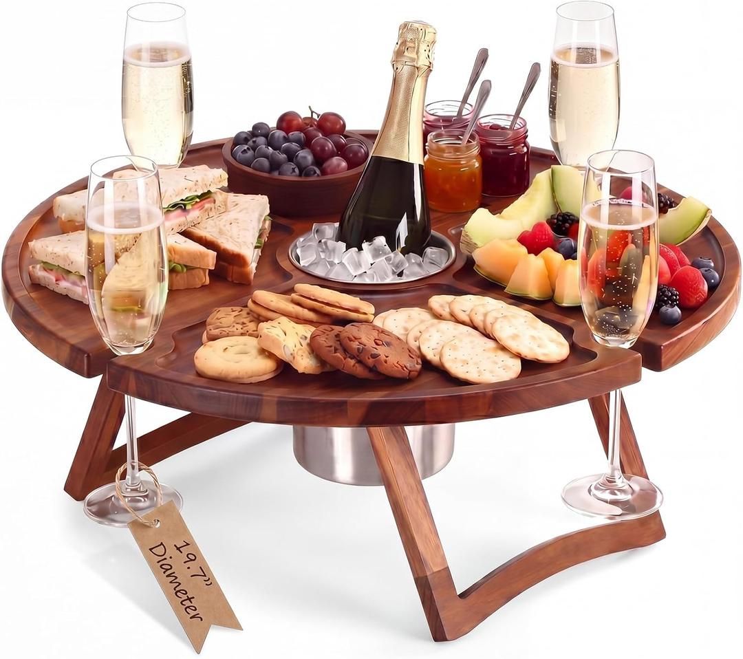 Geetery Portable Wine Picnic Table 19.7 x 19.7 Inches Large Folding Wooden Picnic Table with Glass Holder Removable Center Tray Stainless Steel Cup for Beach Camping Outdoor Parties Wine Lovers Gifts, 19.7 x 19.7 x 7.8 inches