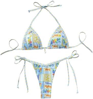 WDIRARA Women's 2 Piece Boho Triangle Bikini Set Halter String Swimsuits Beach Bathing Suit Set, XS