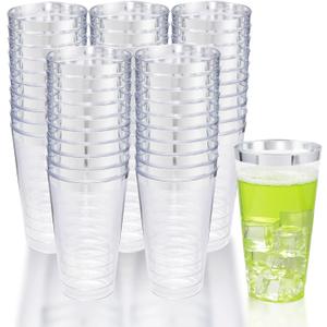 LIYH 100 Pcs 16 oz Silver Plastic Cups - Clear Plastic Tumblers with Silver Rim Big Size Fancy Disposable Clear Cups for Party & Wedding