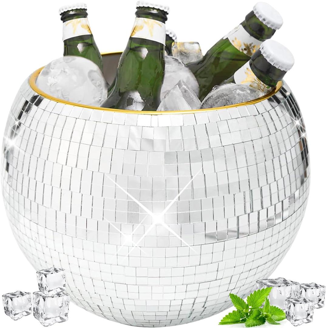 9.8 Inch Disco Ball Ice Bucket - Mirror Silver Decor for Cocktail Bar, Retro Party Accessories, Cooler for Wine, Beer, Champagne