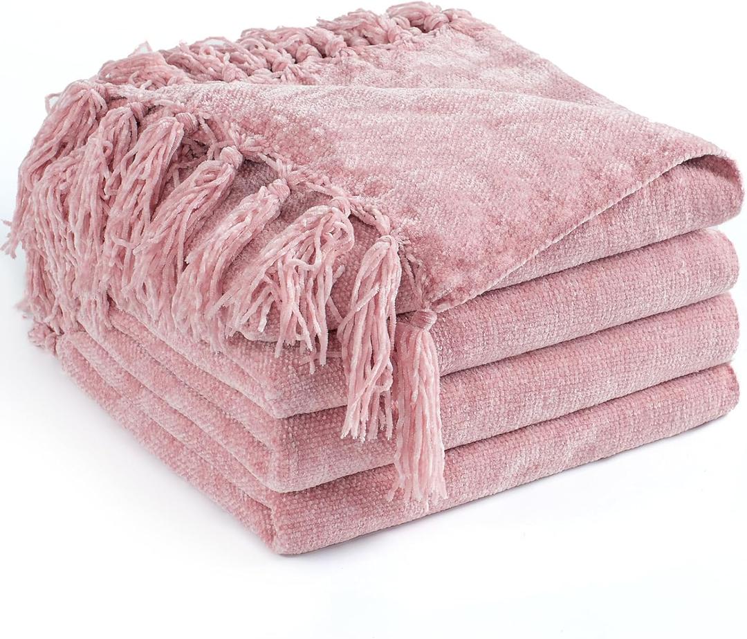 Chenille Throw Blanket for Couch 50"X 60", Soft Cozy Throws with Fringe Tassel for Bed Sofa Chair, Lightweight Knitted Decorative Farmhouse Boho Blankets for Gift, Dusty Pink (50x60 inch)