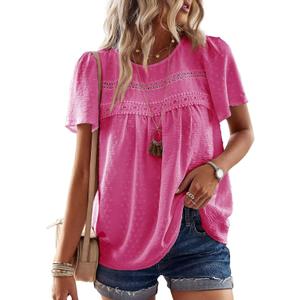 Womens Summer Tops Crewneck Short Sleeve Shirts Casual Chiffon Blouses Flowy Lace Hem Boho Clothing Trendy 2026 (Pink)