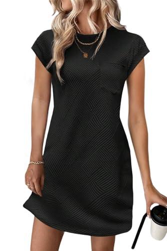 Shift Dresses for Women 2025 Summer Casual Textured Short Sleeve T Shirt Dress Trendy Girls Vacation Going Out Outfits A Black Medium