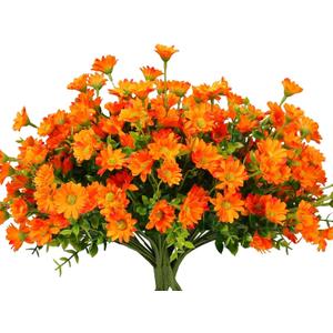 alyptus 8 Bundles Artificial Flowers for Outdoors Faux Mums UV Resistant Plastic Fall Plants Fake Greenery Orange Daisy Bulk for Home Gardenr Window Box Pathway Plante Wedding Decor (Orange)