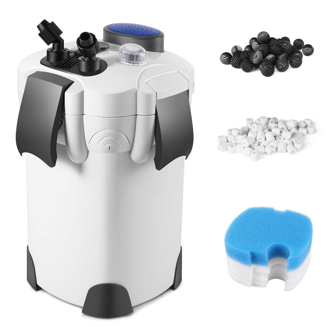 Flexzion Aquarium Canister Filter with 370GPH Flow Rate, UV-C Lamp, Spray Bar, & 3-Stage Media Filtration for up to 100 Gallon Fish Tanks - Ultra-Quiet External Canister Filters for Aquarium