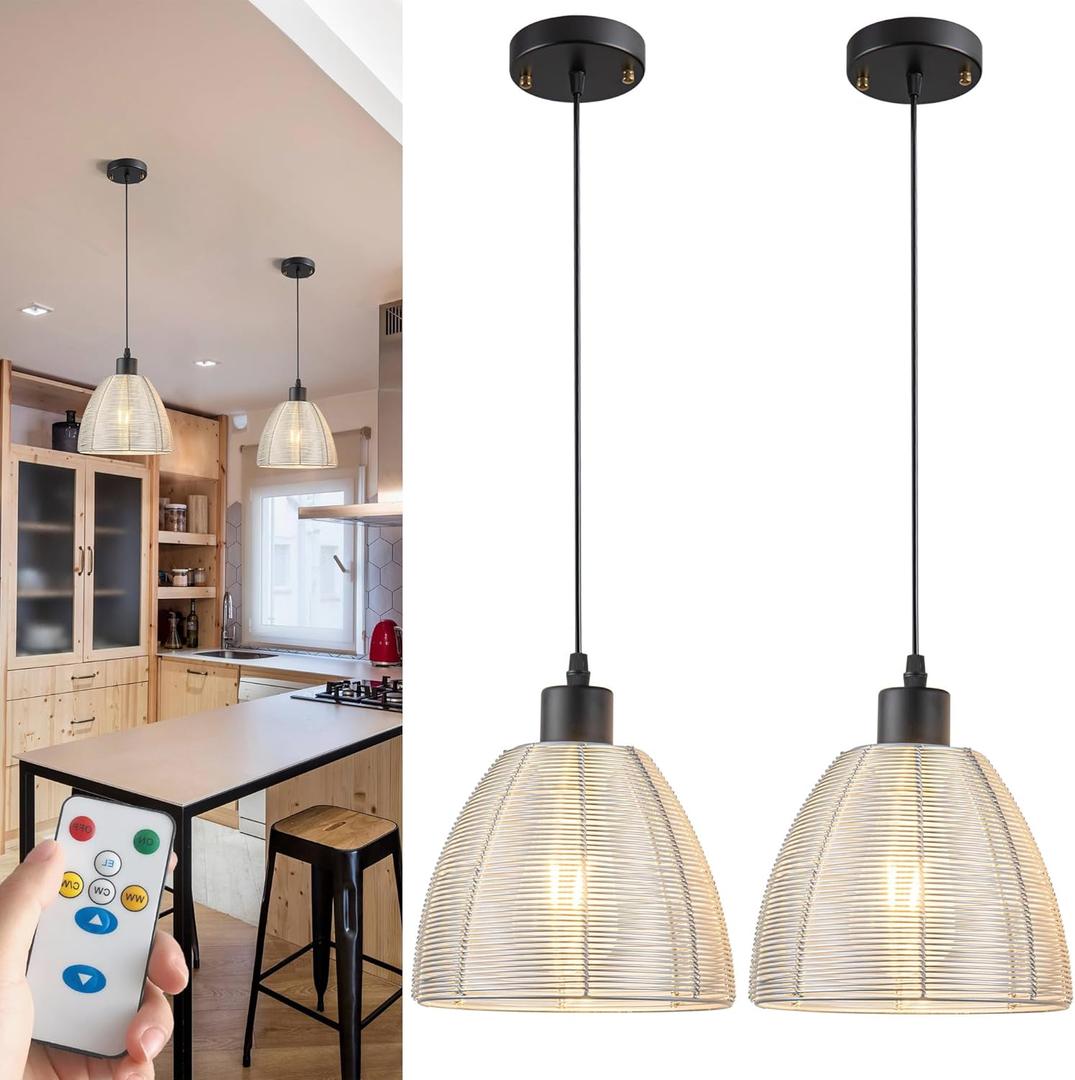 Battery Operated Pendant Light with Remote-2 Pack Hanging Lights Handmade Metal Not Hardwired, 30+ Hours Battery Powered Rechargeable Light Bulbs Good for Kitchen Island Living Room (Silver)