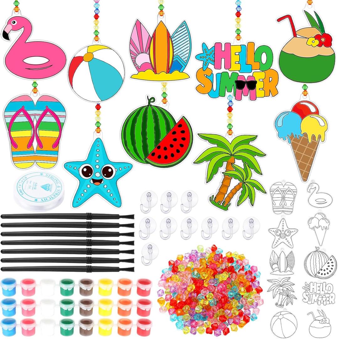 Sonwyoung 30 Sets Summer Suncatchers Craft Kits, Summer Beach Fruit Window Art Stained Glass Sun Catcher Kits Make Your Own Painting Ornaments for Adult Craft Party Art Activities