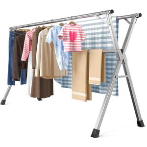 79 Inches Heavy - Duty Stainless Steel Folding Clothes Drying Rack Indoor Outdoor Anti-Rust 20 Windproof Hooks Portable & Foldable Laundry Rack (79'')
