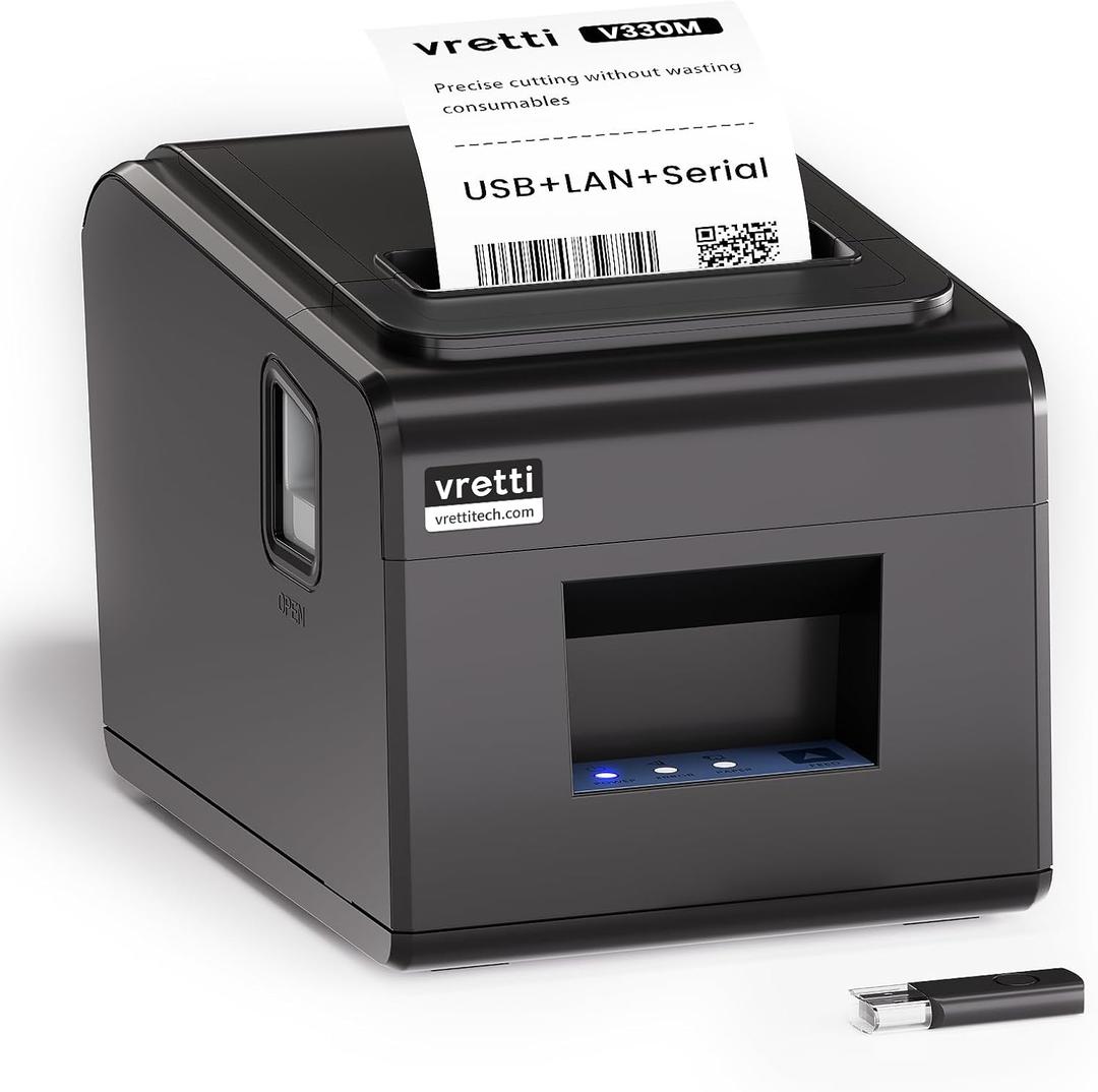 vretti Thermal Receipt Printer, 3'1/8 80mm Direct Thermal Printer with USB Serial LAN Port - Kitchen POS Printer ESC/POS Command Support Cash Drawer