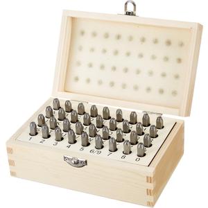 Amazon Basics Metal Alphabet and Number 36-pc Stamp Kit with Wood Case, 4/25 inch