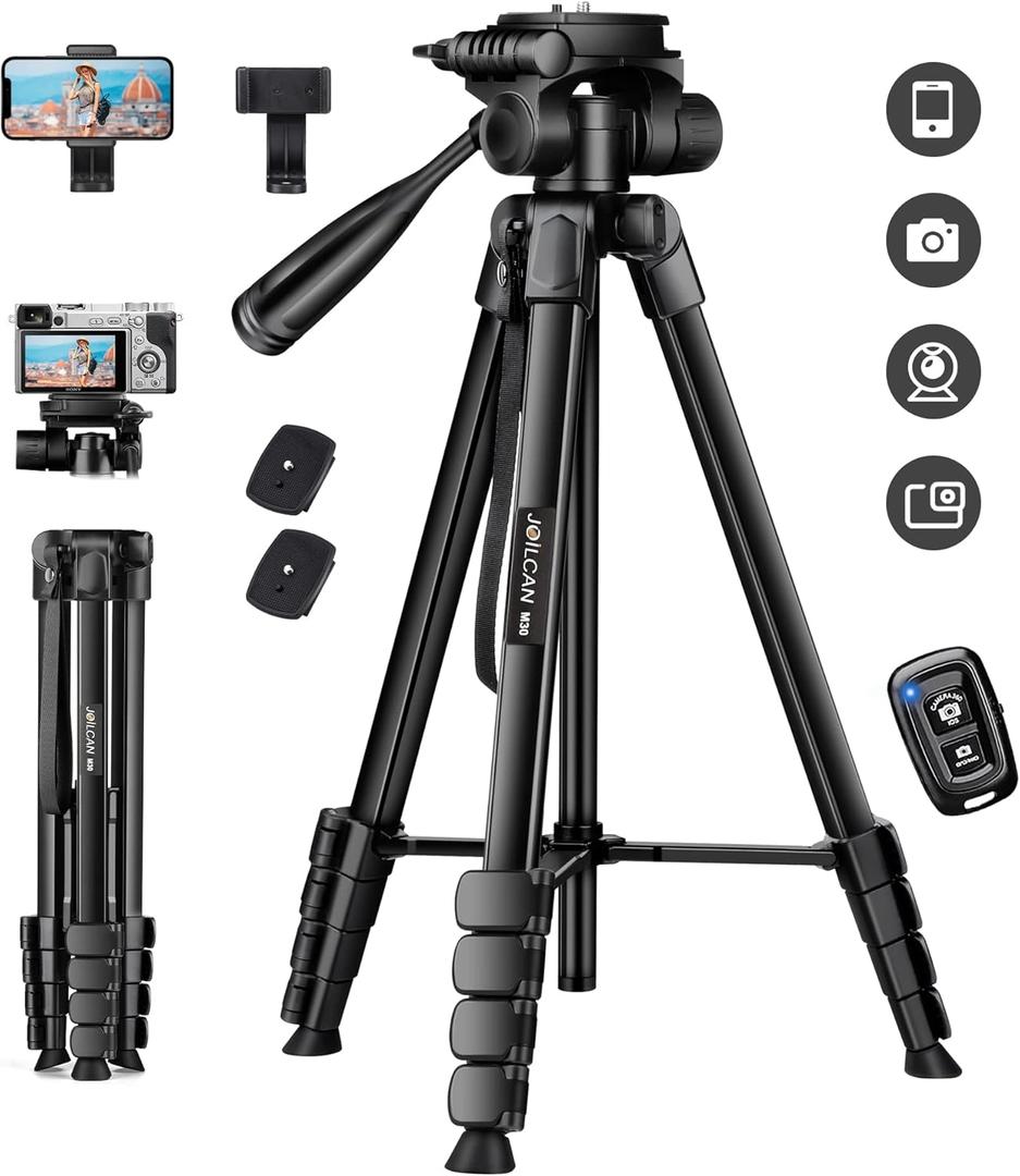 JOILCAN Phone Tripod, 68" Tripod for Phone Stand Video Recording Photos, Travel Floor Tripods Compatible with iPhone Canon Nikon DSLR, Cell Phone Tripods with Remote/Travel Bag (Black)