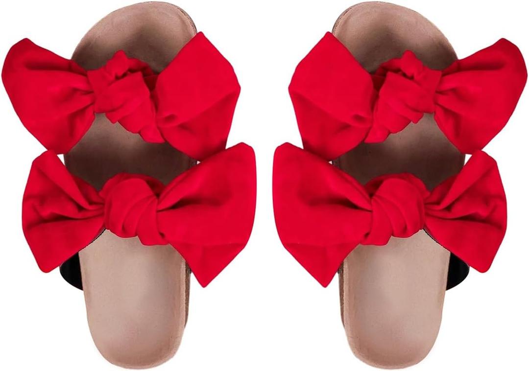 GORGLITTER Women's Bow Cork Sandals Double Band Suede Beach Sandals Open Toe Slip On Slide Sandals 2025 (Red), Size 11