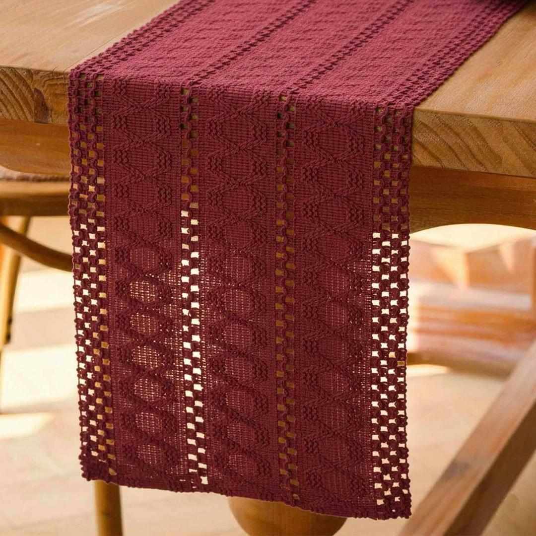 Red Boho Table Runner Farmhouse Modern Small Decoration Table Cloth Macrame Cotton Linen Country Table Runner Kitchen Holiday Wedding Party Birthday Decor 30 x 140 cm