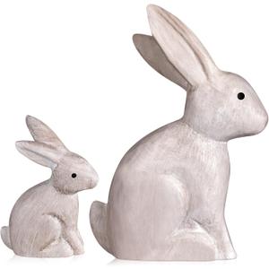 2 Pcs Easter Bunny Decor Wooden Bunny Figurines Vintage Rabbit Statue Home Decor Rustic Spring Table Decorations for Easter Farmhouse Shelf Tabletop Craft Gift(Vintage White)