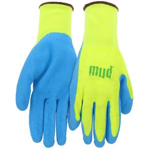 MUD Super Grip Latex Coated Palm Garden Work Gloves, Water Resistant, Polyester Knit Shell, Elastic Knit Wrist, Lime Green/Blue, Small (SM7187G/S)
