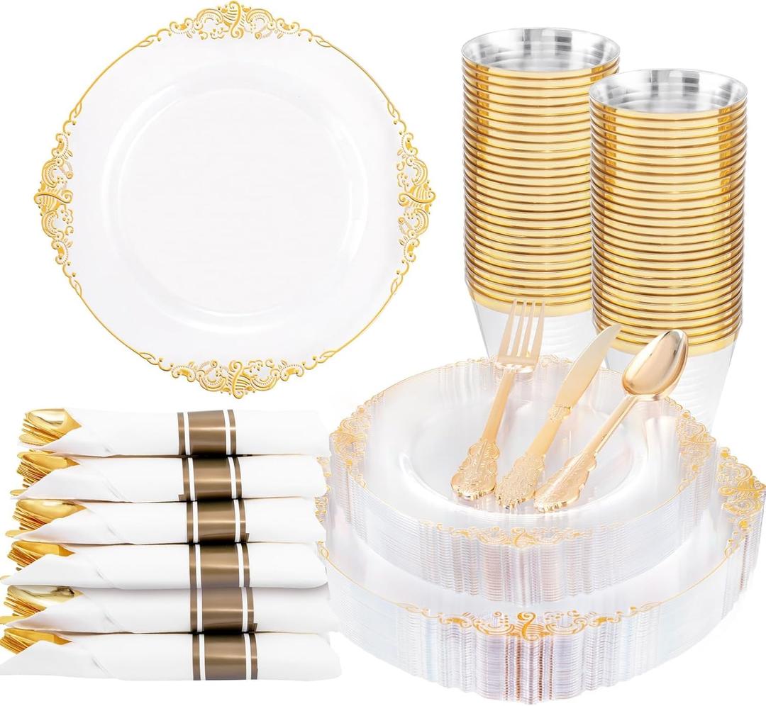 Nervure 175PCS Clear Gold Plastic Plates - Disposable Gold Party Plates & Pre Rolled Napkins with Cutlery for 25 Guests, 50Plates, 75Silverware, 25Cups, 25Napkin for Wedding & Party