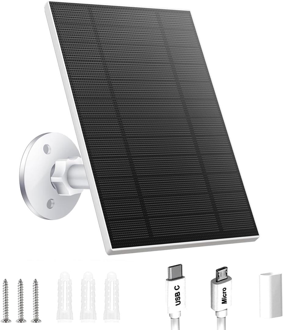 5W Solar Panel for Security Camera, Solar Panel with Micro USB & USB-C Port for DC 5V Outdoor Rechargeable Battery Camera, IP65 Waterproof, 360 Adjustable Security Mount, 9.8ft Cable(White 1PC)