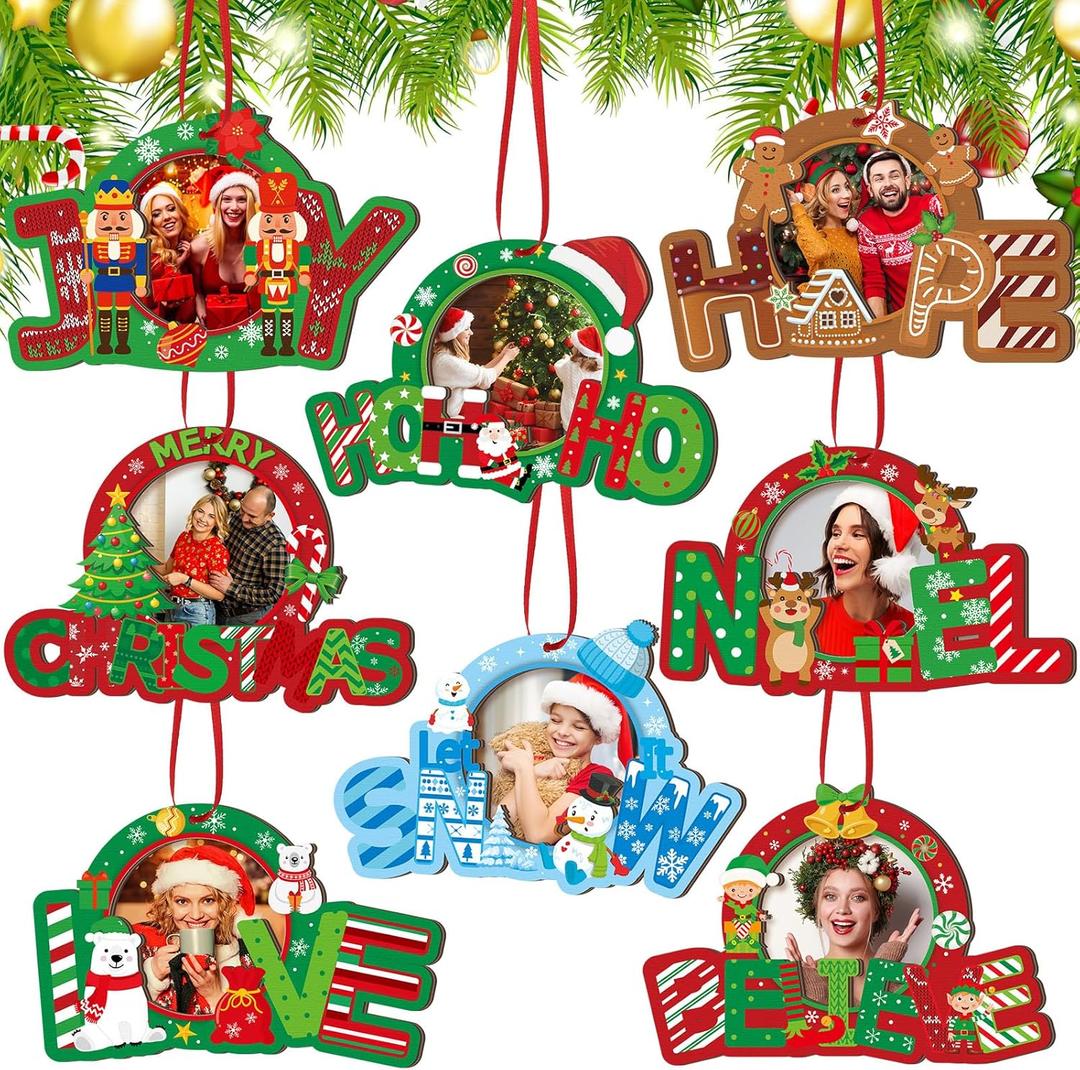 Yalikop 16 Pcs Christmas Photo Frame Ornaments Wooden Nutcrackers Santa Snowman Snowflake Picture Frame Tree Decoration DIY Photo Keepsakes for Xmas Party Decorations Winter Holiday Gift (Wishes)
