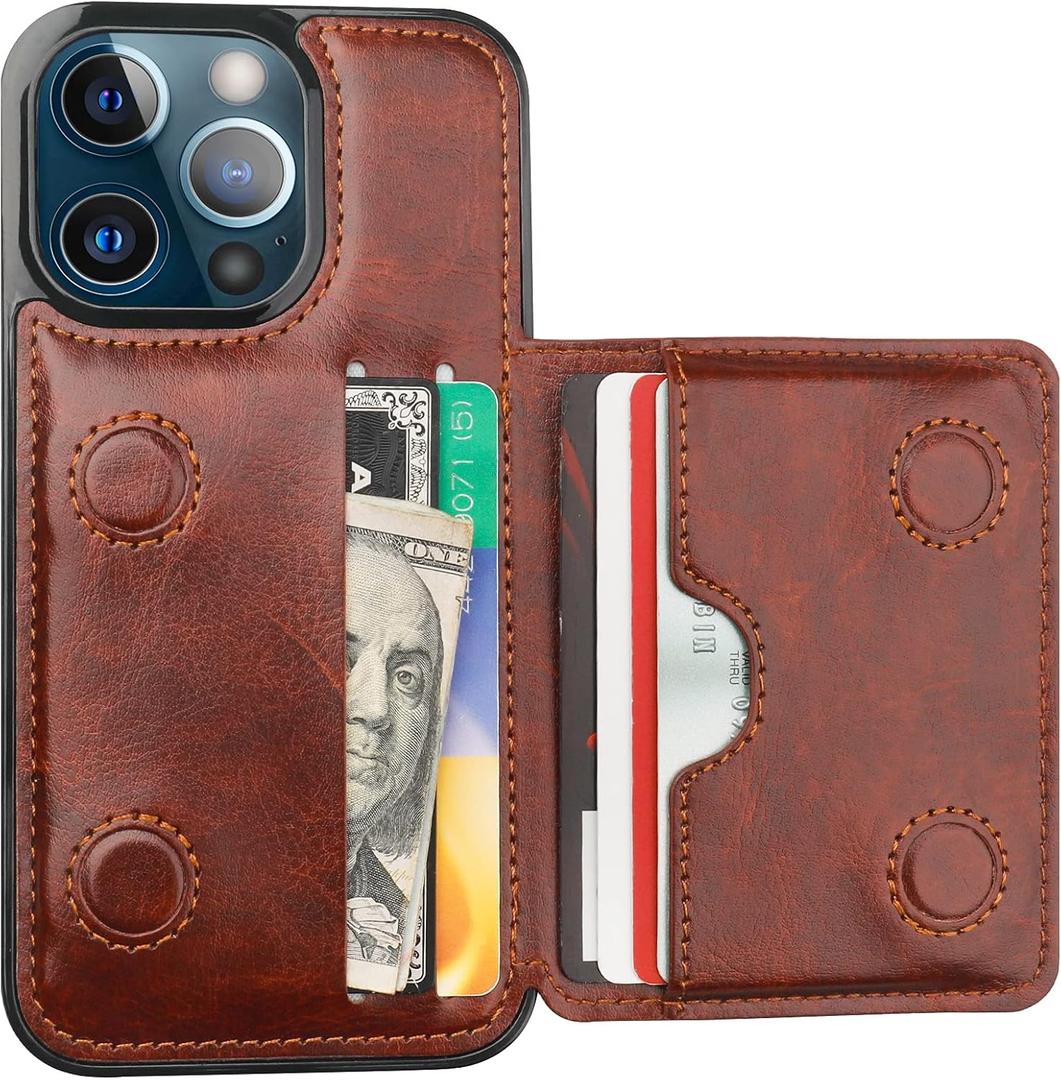 KIHUWEY Compatible with iPhone 13 Pro Wallet Case Credit Card Holder, Premium Leather Kickstand Durable Shockproof Protective Cover for iPhone 13 Pro 6.1 inch(Brown)