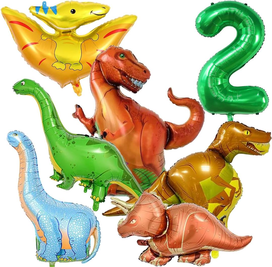 Dinosaur Balloons Set 7Pcs，40 Inch Number 2 Balloon, 6 Pieces Dinosaur Balloons, Jungle Dino Theme Party Supplies（2nd）