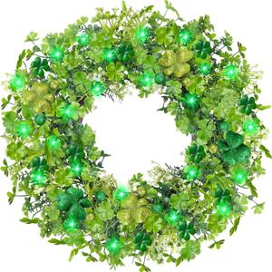 Thick & Timer - St Patricks Day Decorations, 18 Inch St Patricks Day Shamrock Wreaths for Front Door with 20 Green Lights Glitter Clover Berries Spring Wreath Irish St. Patrick's Day Door Decorations