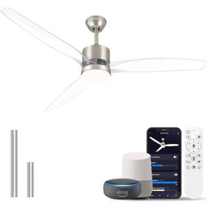 OKELI 52" Smart Ceiling Fan with Light, WiFi Enabled for Alexa & App Control, Reversible Brushed Nickel Modern Ceiling Fan with Dimmable LED Light and Remote, Clear Blades for Living Room Bedroom