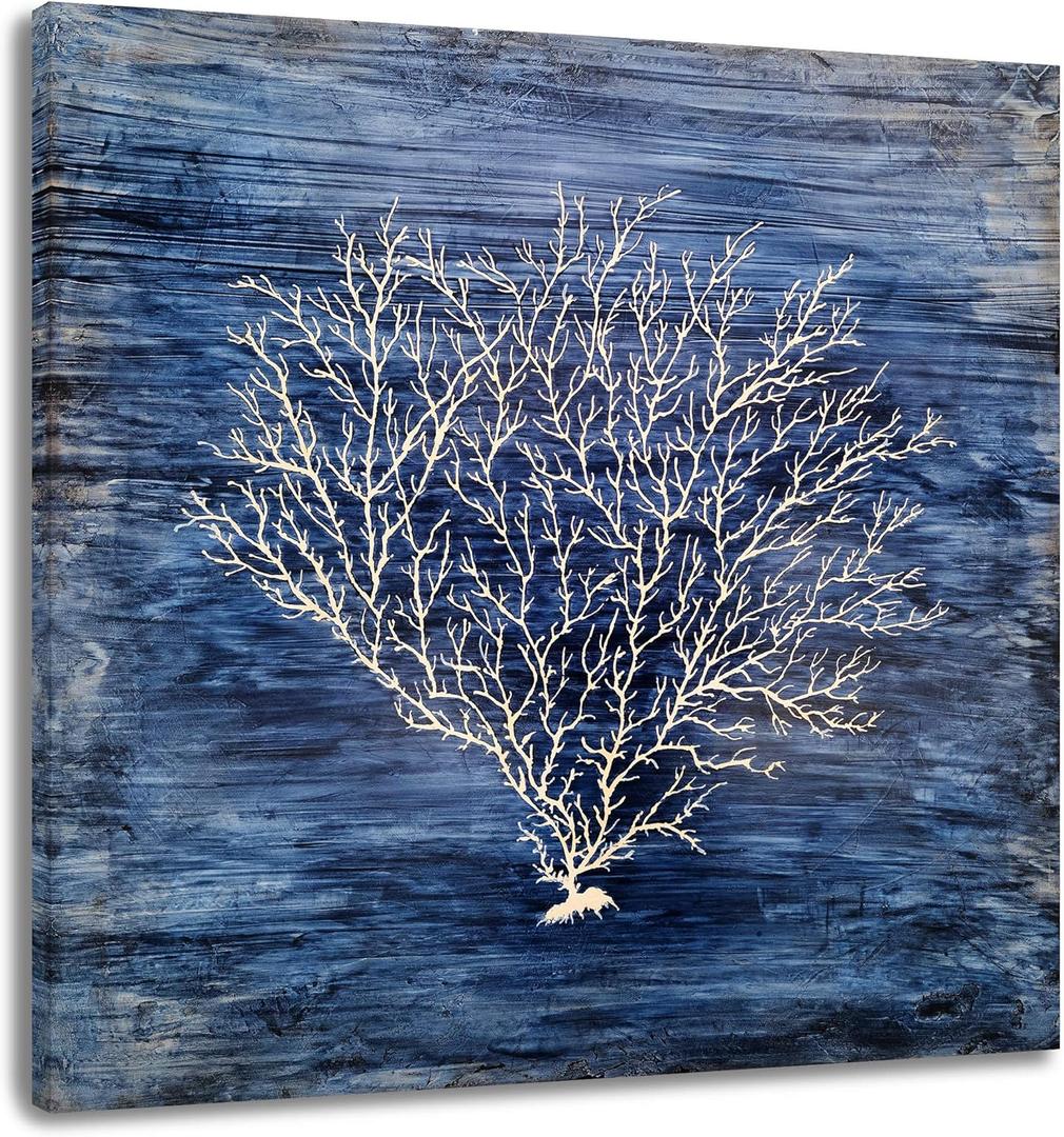 Yihui Arts Coral Canvas Wall Art Hand Painted Navy Blue and White Paintings Modern Abstract Tree Pictures Contemporary Coastal Artwork for Living Room Bedroom Bathroom decor (20L" x 20W", Coral Picture)