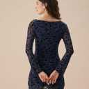 RIHOAS Women's Bodycon Mini Dress Boat Neck Long Sleeve Stretch Mesh Cocktail Wedding Guest Party Club Spring Summer Dress, Small, Blue