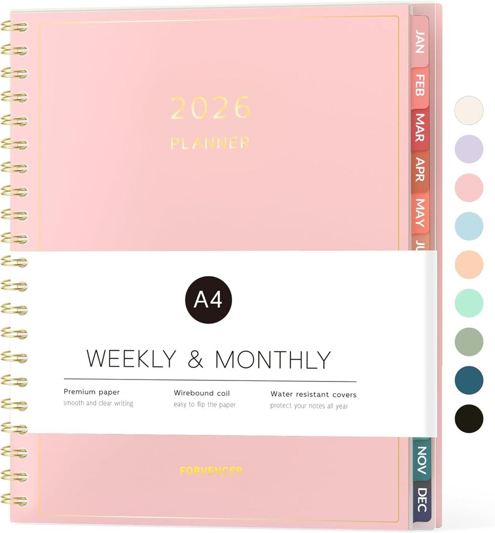 2026 Planner, Forvencer Calendar Planner Weekly and Monthly (Jan 2026-Dec 2026), 8.5" X 11", Spiral Agenda Book with Inner Pocket, Cute Daily Journal Planning with Tabs, Flexible Cover Notebook, Home College Organizer for Women Men, A4, Pink