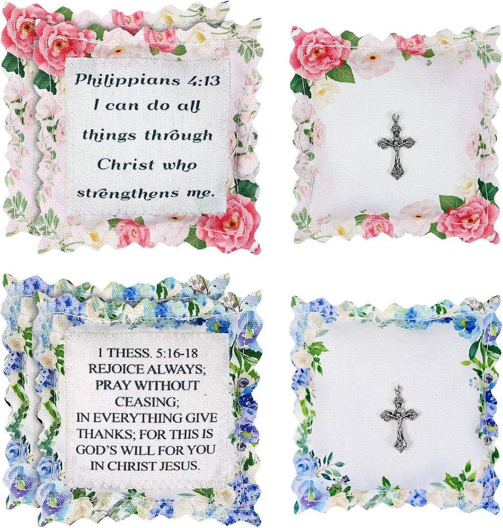 4 Pack Pocket Prayer Quilt with Metal Cross Inside Panel Prayer Quilt Squares Mini Scripture Religious Spiritual Gift for Friend Family Colleague Encouragement Gift