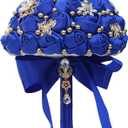 Bridesmaid 7 Inch Holding Wedding Bouquet Bride Satin Rose Crystal Rhinestone Brooch Bridal Bouquet for Indoor Outdoor Resort Church Wedding Bridal Shower Quinceanera (Royal Blue)