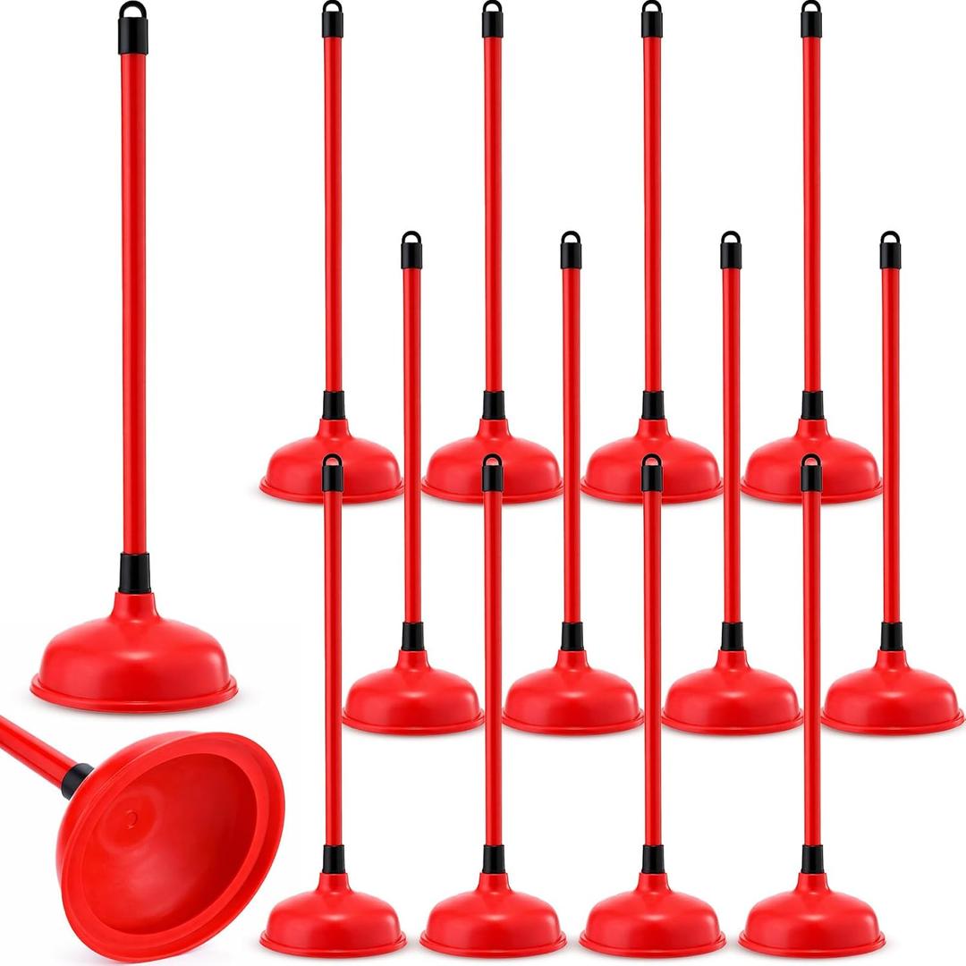 Reallnaive 12 Pack Toilet Plungers Bulk with 19.7 Inch Long Handle Force Suction Cup Rubber Plunger for Bathroom to Fix Clogged Toilets Drains (Red)