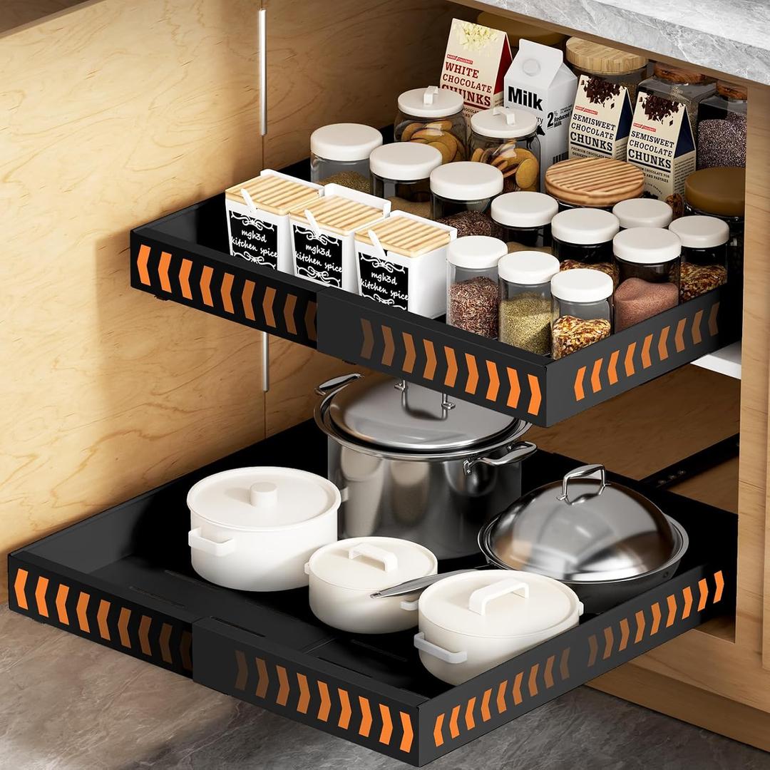 YJHome 1 Pack Pull Out Cabinet Organizer, No Drill Expandable Width 12"-20" & 21" Depth, Adhesive or Screw-In Installation, Magnetic Divider for Custom Storage, for Kitchen Pantry Bathroom Cabinet