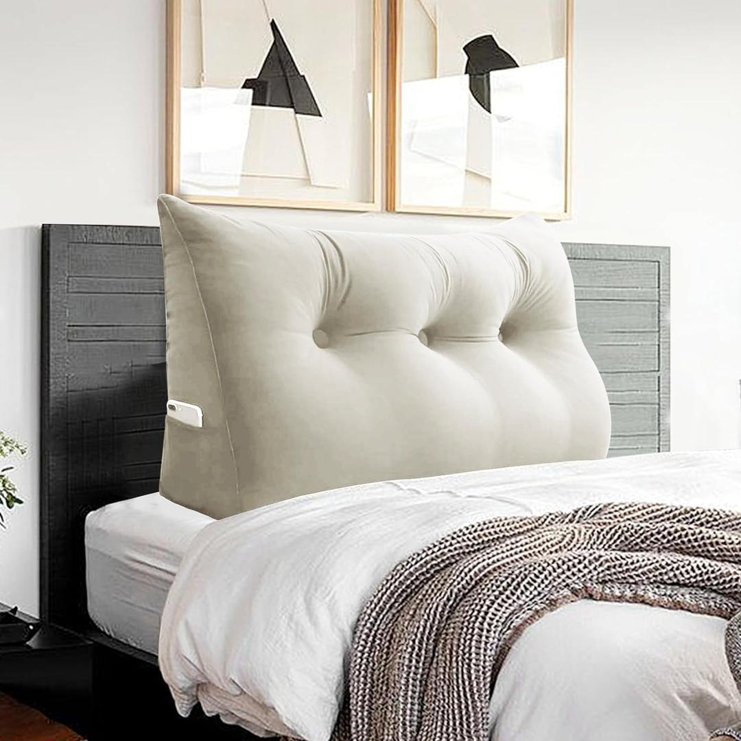 Headboard Wedge Pillow Large Bolster Triangle Reading Pillow Twin Size Bed Rest Back Support Pillow for Sitting up in Bed Daybed Couch Backrest Cushion Velvet Off-White
