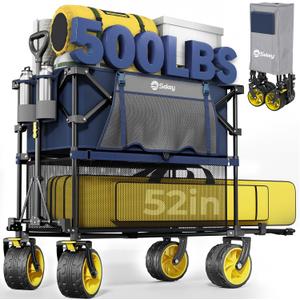 Sekey 500LBS Heavy Duty Double Decker Wagon with Extender, 400L Large Capacity Collapsible Garden Cart Fits 10x10 Canopy, All-Terrain Big Wheels with Brakes, Foldable Utility Wagon for Sports, Camping