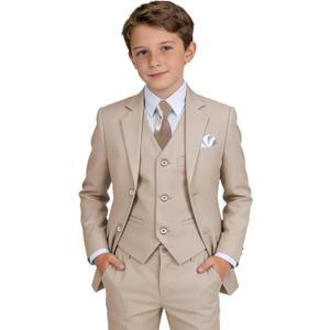 Boys' Suit Kids Formal Tuxedo Suits Set for Boys 6 Piece Dress Clothes Easter Wedding Outfit with Tie Pocket Square (Beige), 12Y