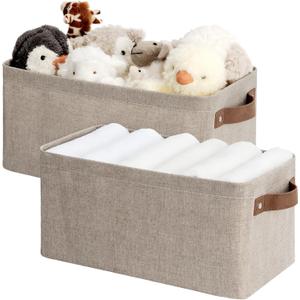 StorageWorks Narrow Storage Bins, Small Basket for Closet and Shelves, Rectangular Fabric Organizer with Handles, Toilet Paper Storage, Brown and Beige, 2-Pack