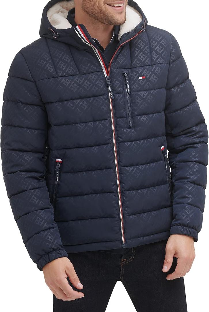 Tommy Hilfiger Men's Midweight Sherpa Lined Hooded Water Resistant Puffer Jacket (Small, Tommy Logo Tech Navy)
