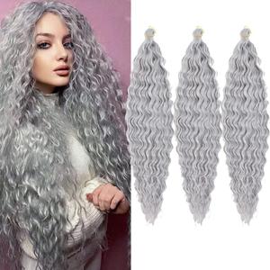 30inch Ocean Wave Braiding Hair Extensions 3packs Long Deep Curly Wave Braid Hair Synthetic Twist Ripple Crochet Curly Braids Hair for Women 100g/pack(30",Silver Gray)