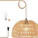 Plug in Pendant Light Rattan Hanging Lights with Plug in Cord Wicker Hanging Lamp with Woven Bamboo Basket Lamp Shade,Dimmable Switch,Boho Ceiling Light Fixtures for Kitchen,Farmhouse,Bedroom