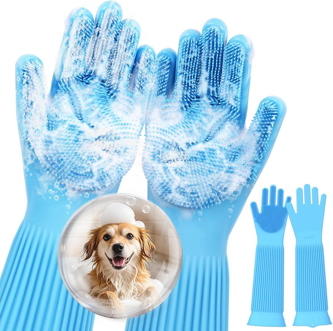 Pecute Pet Grooming Gloves, Heat Resistant Cat Bathing Gloves with High-Density Teeth, Silicone Dog Bathing Gloves with Enhanced Five Finger Design, Bathing and Massaging for Dogs and Cats (X-Large, Blue)