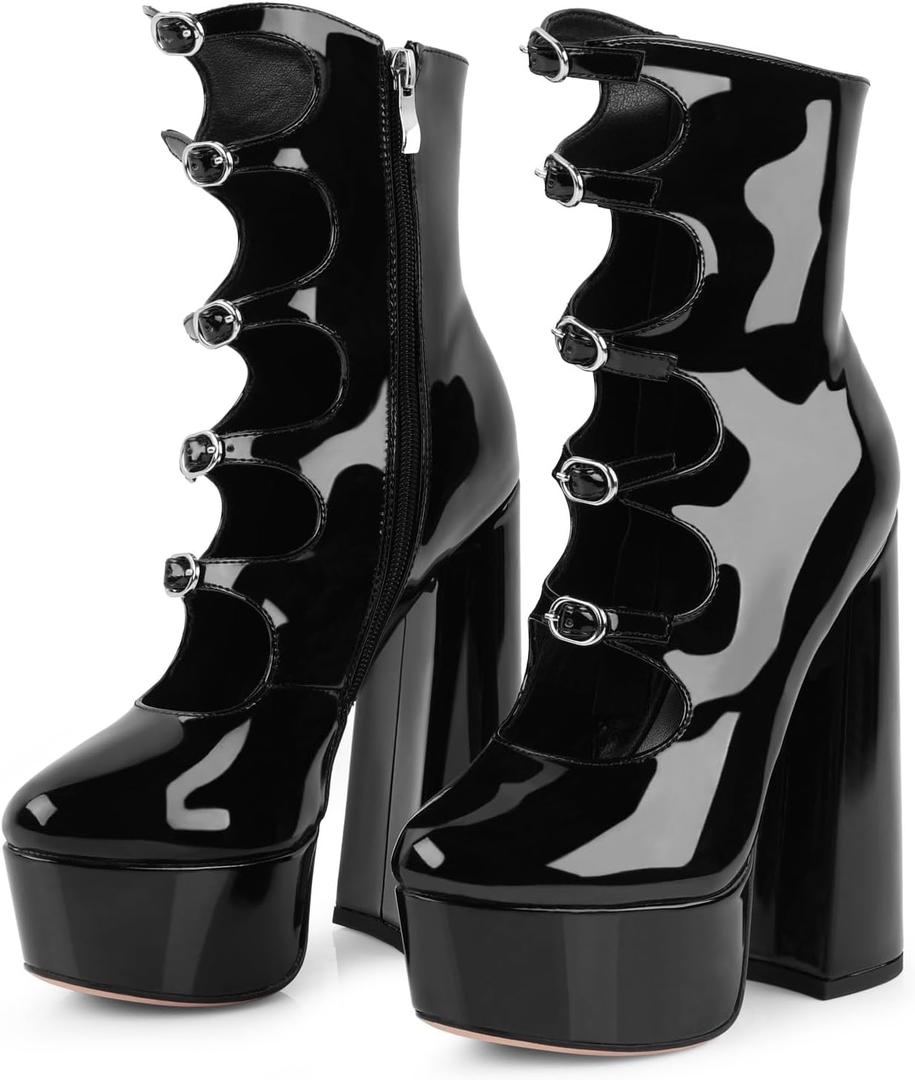 FancyQueen Platform Boots for Women, Chunky Platform Heels Goth Boots, Side Zipper Block Heels, 9