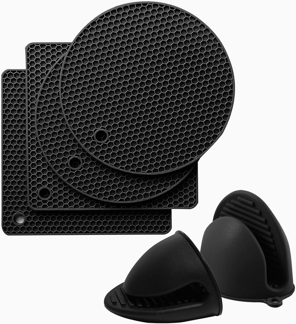 Silicone Trivet Pot Mat and Oven Mitts Sets | Heat Resistant Pot Holder and Mini Non-Slip & Flexible Oven Gloves for Kitchen Baking Cooking, Black (2 Square, 2 Round Mats, 1 Pair Oven Mitts, Black)