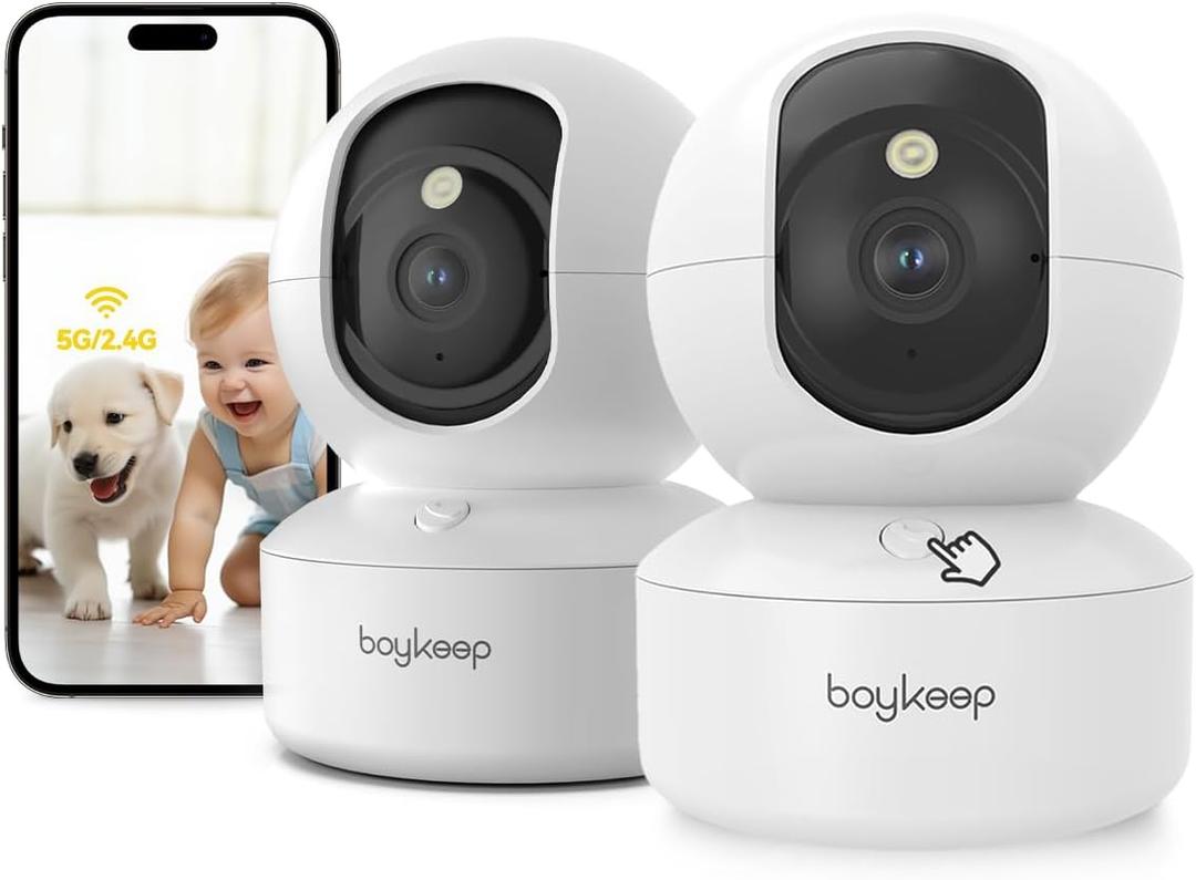 BoyKeep 2K Pet Camera, Indoor Security Camera, 5G/2.4GHz WiFi Cameras for Baby Dog with Phone App, 360 Pan & Tilt, 2-Way Audio, Color Night Vision, New Version w/Cloud Storage (White-2 Pack)