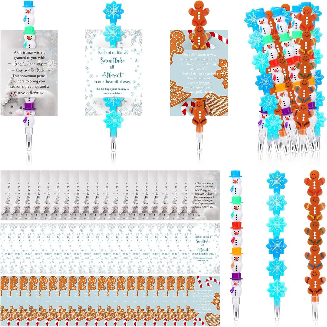 Cholemy 30 Sets Christmas Stackable Pencils Snowman Snowflake Gingerbread Man Pencils Cute Xmas Greeting Cards Holiday Pencil Christmas Goodie Bag Stuffers Party Favors Xmas Gifts
