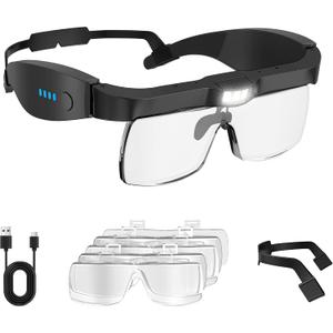 Magnifying Glass with Light, 0.75X to 4.0X Rechargeable Magnifier Headset, Hands Free Head Mount Magnifier with 5 Detachable Lenses, Magnifying Glasses for Close Work Hobbies Crafts Jewelry (Black)