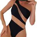 KZIYBON Women's one-Piece Swimsuit mesh Paneled one-Shoulder Sexy Tummy-Controlling Monokini M