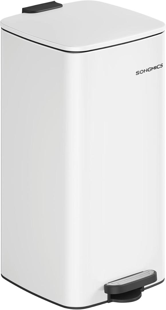 SONGMICS Kitchen Trash Can, 8-Gallon (30 L) Trash Bin, Stainless Steel Garbage Can, with Inner Bucket, Soft Close and Stays Open, Cloud White ULTB593W01